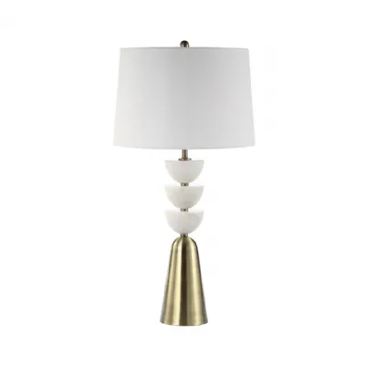 90. 5cm White Marble And Antique Brass Metal Table Lamp With White Linen Shade