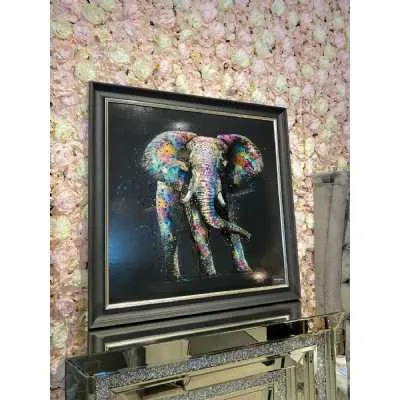 Large Elephant Multicolor Paint Canvas Wall Art Black Frame