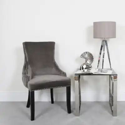 Grey Dining Chair Velvet Silver Studs Buttoned Back