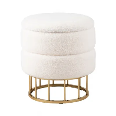 White Boucle Round Storage Stool With Gold Legs