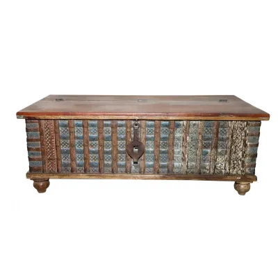 Antique 1.2m Chest with Carvings And Vintage Iron Clasps