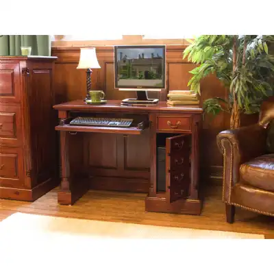 Mahogany Dark Wood Single Pedestal Computer Desk and Side Cupboard