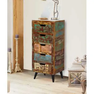 Multicolour Reclaimed Wood Tallboy Chest of 5 Drawers