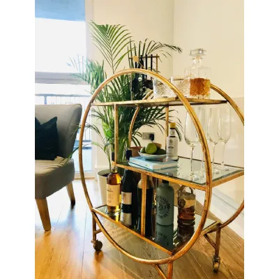 Gold Round Metal Drinks Trolley 3 Mirrored Glass Shelves