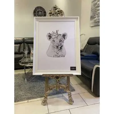 Lion Cub King Crown White Wall Art With White Frame