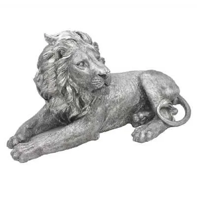 Silver Art Laying Lion Statue In Silver