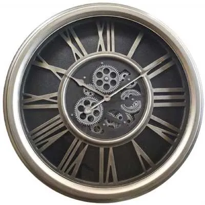 Silver Moving Cog Gears Black Clock 54Cm