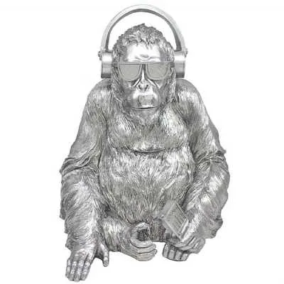 Large Silver Art Gorilla Headphones Statue