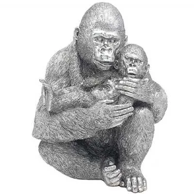 Large Silver Gorilla With Baby Statue