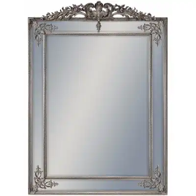 Silver Ornate Rectangular Wall Mirror with Crest Top