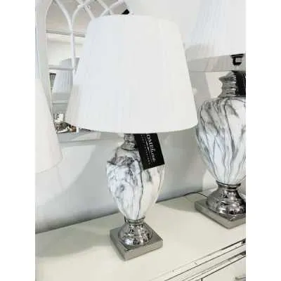 Marble Effect Table Lamp With White Round Shade Large
