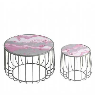 Set Of 2 Quartzo Nesting Tables Pink Marble Effect