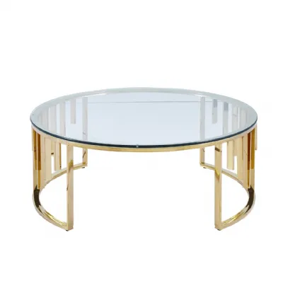 Large Gold Round Metal Coffee Table with Clear Glass Top