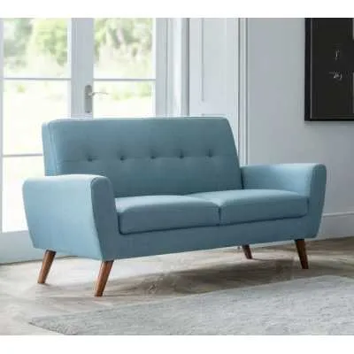 Blue Velvet Fabric Upholstered 2 Seater Medium Sofa Retro Oak Tapered Legs