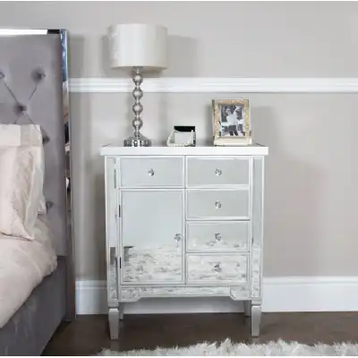 Mirrored Top Silver Wooden 5 Drawer Chest of Drawers
