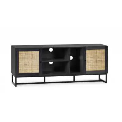 Industrial Style Black TV Media Unit with Natural Rattan Door Fronts