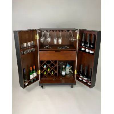 Large Black Leather 2 Door Cocktail Wine Bar Cabinet