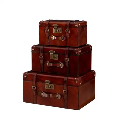 Franklin Handcrafted Leather Handcrafted Leather Set of 3 Storage Trunk Cognac