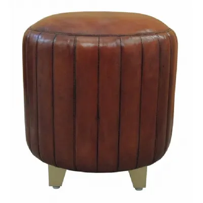 Handcrafted Leather And Brass Ribbed Pouf Cognac