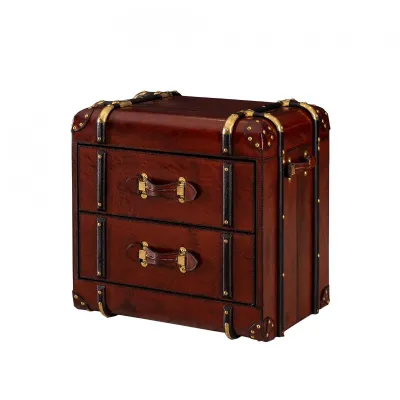Handcrafted Leather And Brass 2 Drawer Side Table Trunk