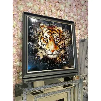 Large Tiger Face In Oil Paint Canvas Wall Art Black Frame