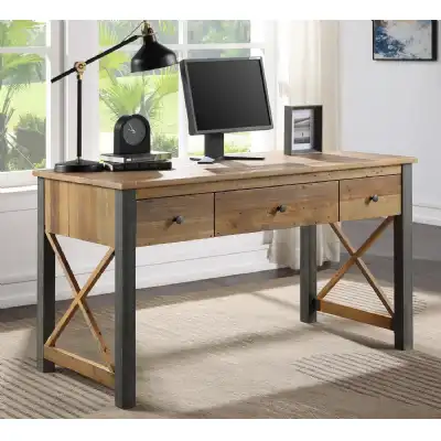 Industrial Reclaimed Wood 3 Drawer Home Office Desk Dressing Table