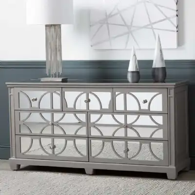 Grey Wood Mirrored Glass 150cm Wide Chest of 7 Drawers
