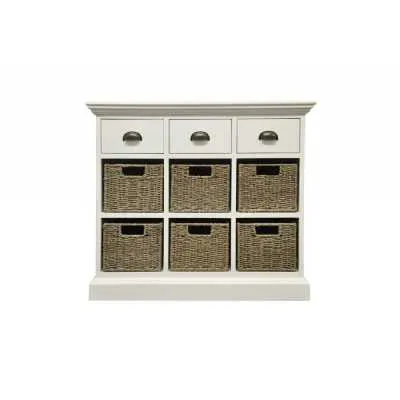 Modern Style White Painted Living Room 3 Drawer 6 Wicker Basket Chest Of Drawers 75x85cm