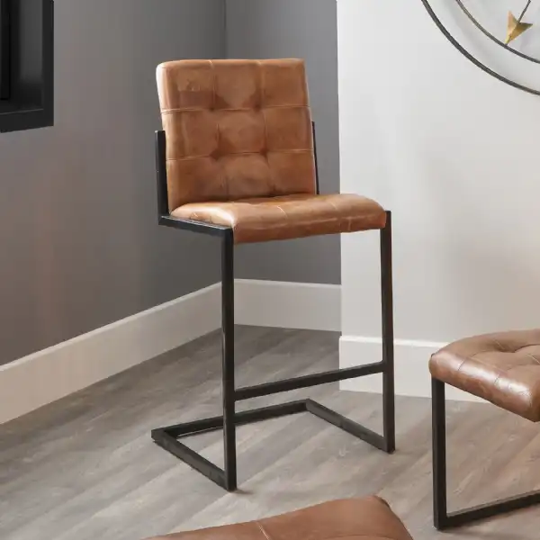 Brown Leather Buttoned Bar Stool Black Metal Frame