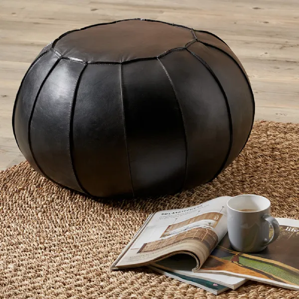 Ash Black Leather Round Occasional Pouffe