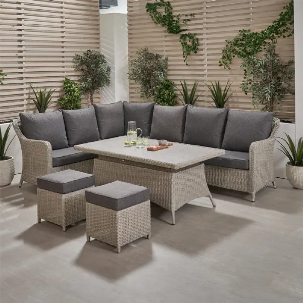 Grey Rattan Garden Corner Dining Sofa Set with Rising Table