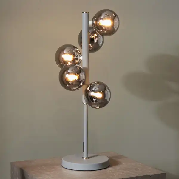 Matt Grey Metal Table Lamp with 5 Silver Smoked Glass Balls