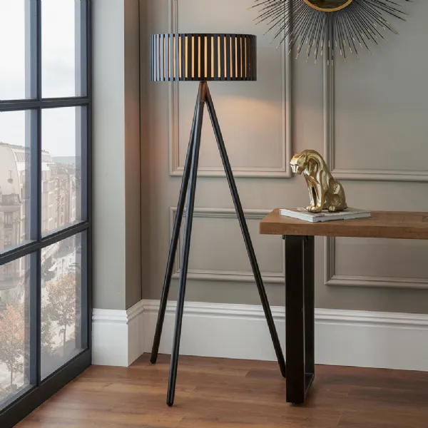 Black Wooden Slatted Modern Tripod Designed Round Floor Lamp