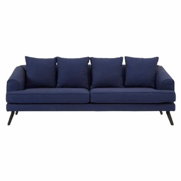 3 Seater Navy Blue Fabric Large Sofa With Black Metal Angled Legs