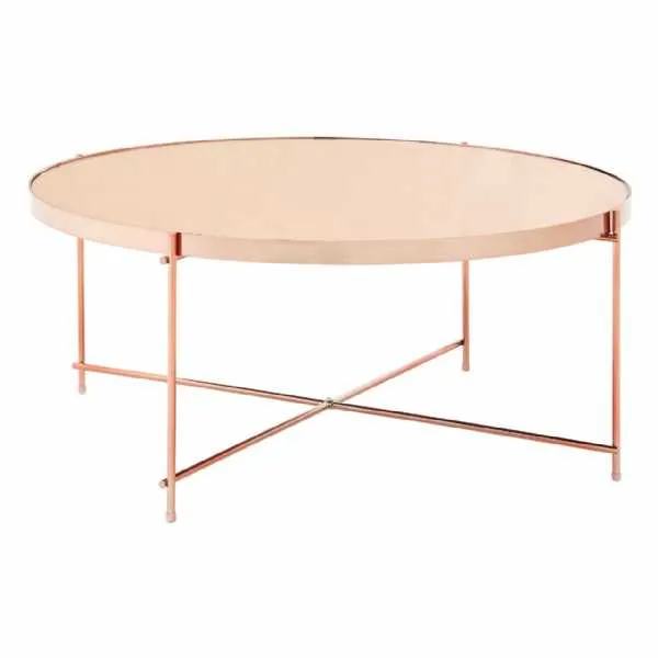 Modern Pink Mirrored Glass Top Rose Gold Round Coffee Table
