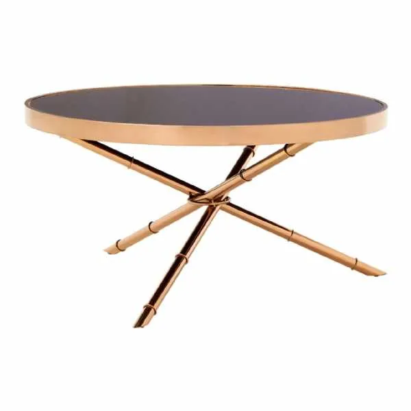 Alvaro Rose Gold Metal Frame 3 Leg Coffee Table With Black Glass Top
