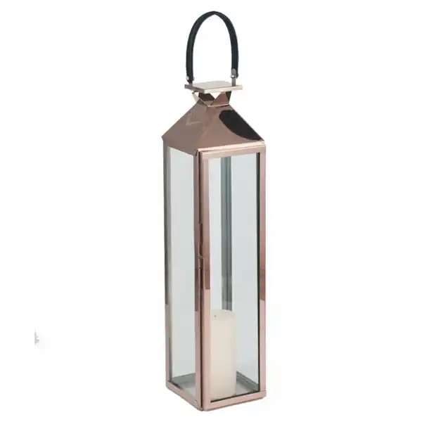 Shiny Copper Glass Lantern with Candle Holder