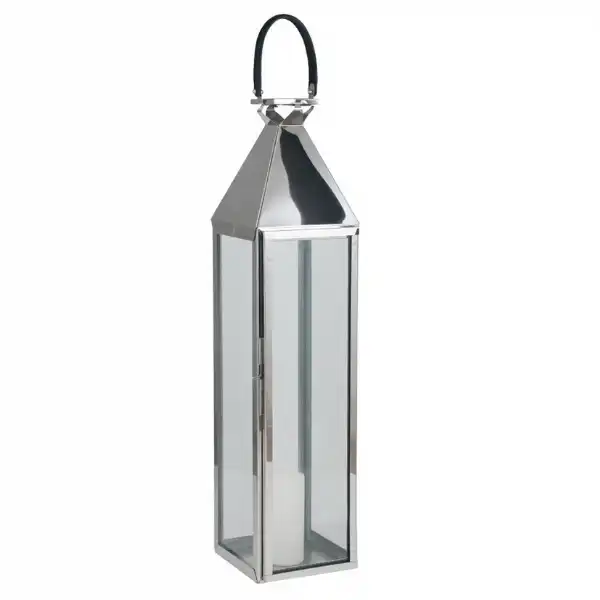 Shiny Nickel Stainless Steel and Glass Large Square Lantern