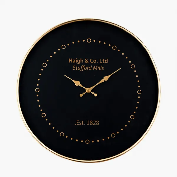 Black Face and Antique Brass Metal Round Wall Clock