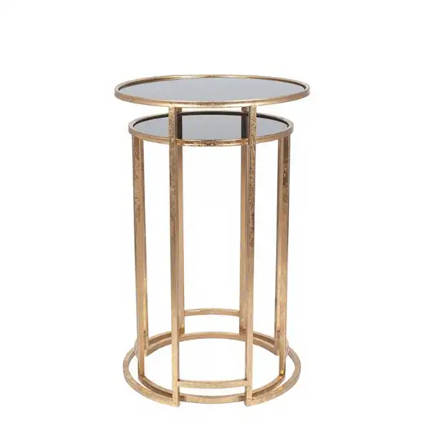 Gold Metal Set of 2 Round Side Tables Smoked Glass