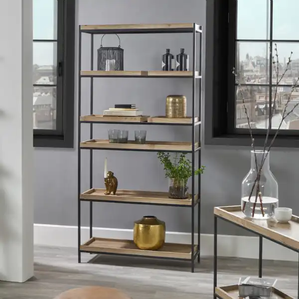 Black Metal and Wood Tall Open Shelving Display Unit