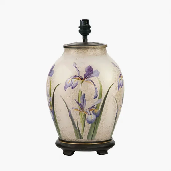 Ivory and Gold Purple Iris Floral Glass Table Lamp Base