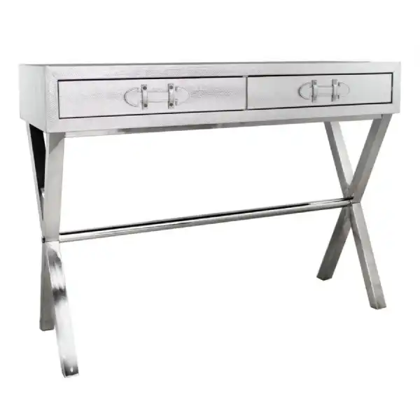 2 Drawer Faux Leather Snake Console Table with Belt Handles Silver