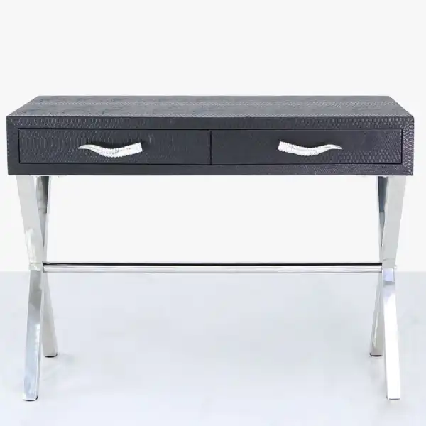 Faux Snake Leather 2 Drawer Console Table Black Horn Handle