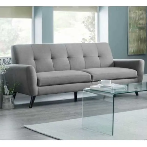 Grey Linen Fabric Upholstered 2 Seater Compact Medium Sofa on Black Retro Legs