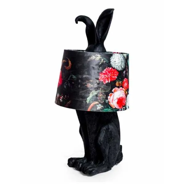 Black Rabbit Ears Table Lamp with Floral Shade
