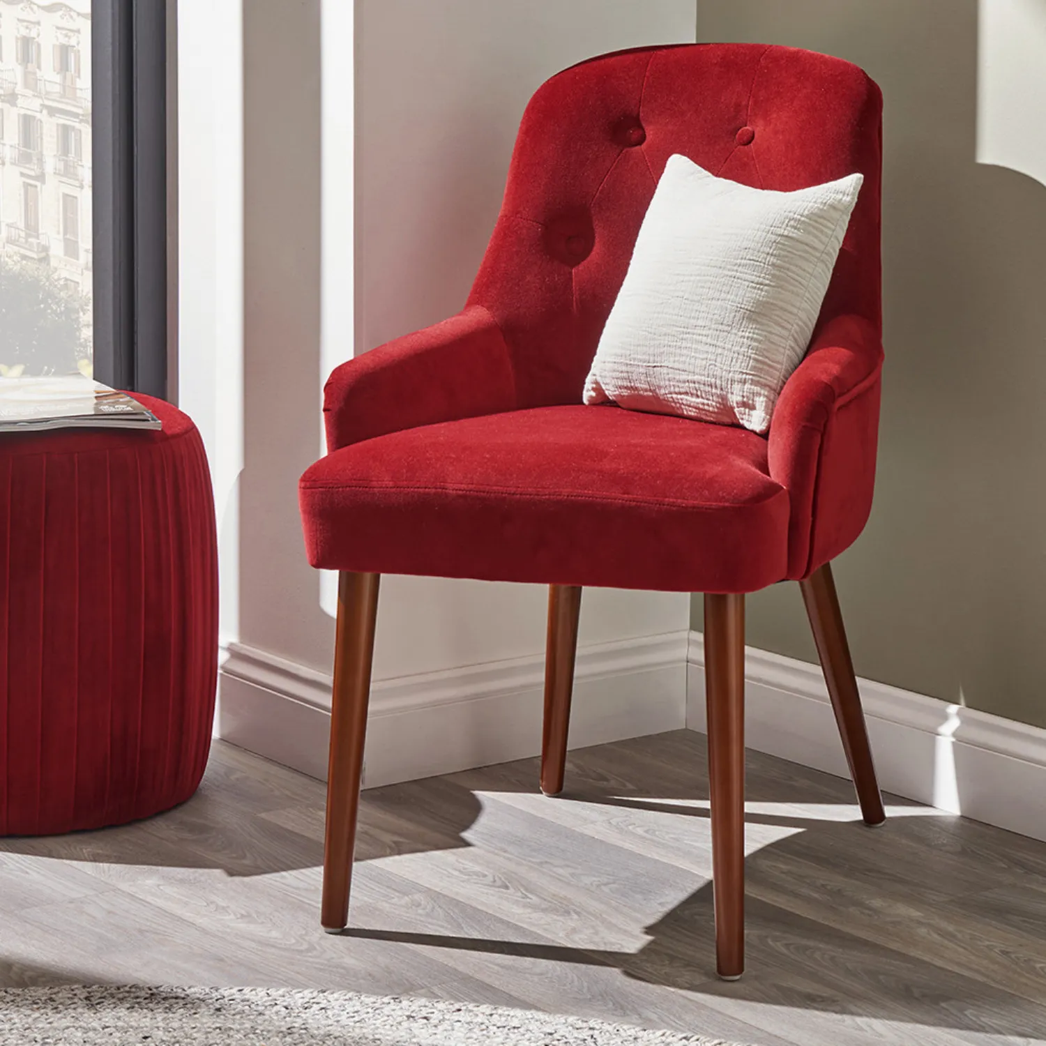 Red Velvet and Dark Pine Wood Carver Dining Chair