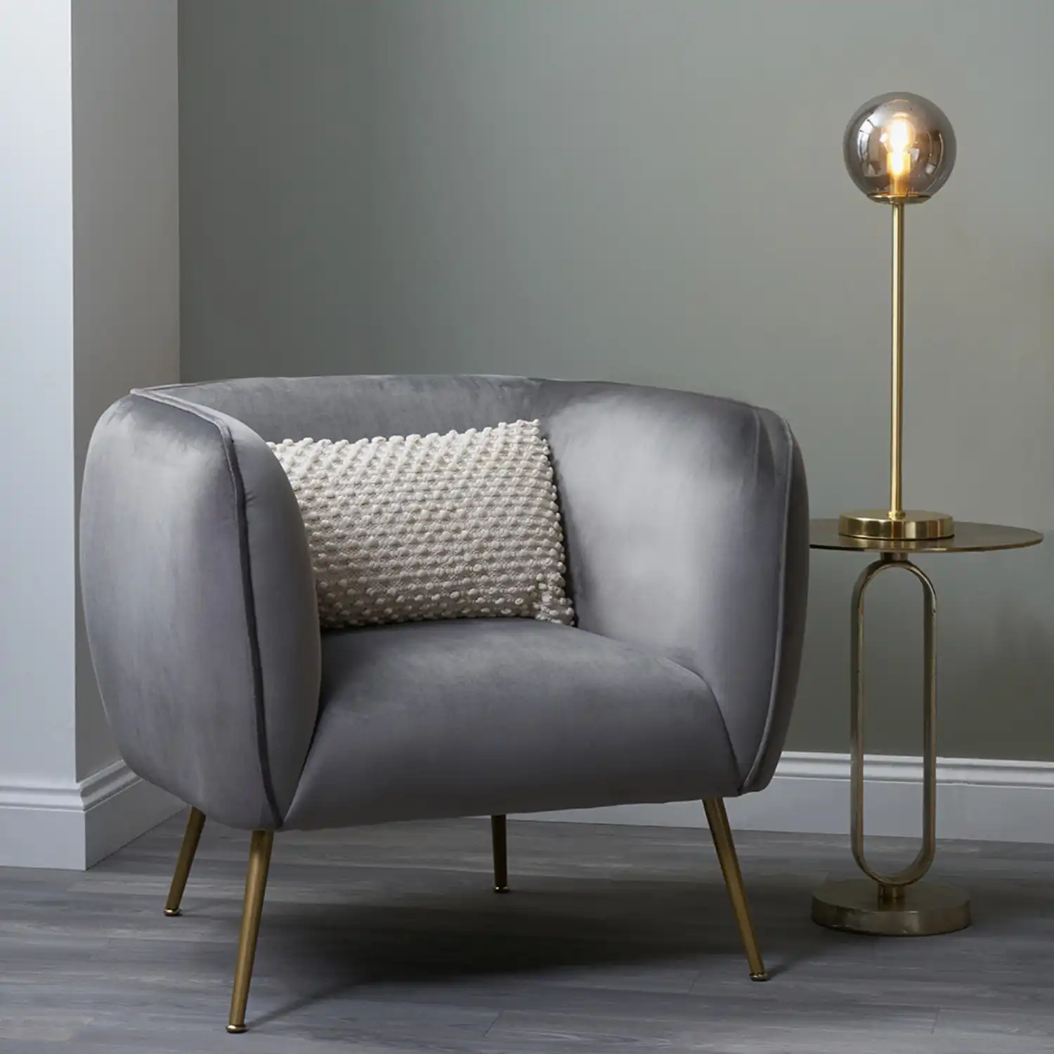 Retro Dove Grey Velvet Upholstery Tub Chair with Gold Legs