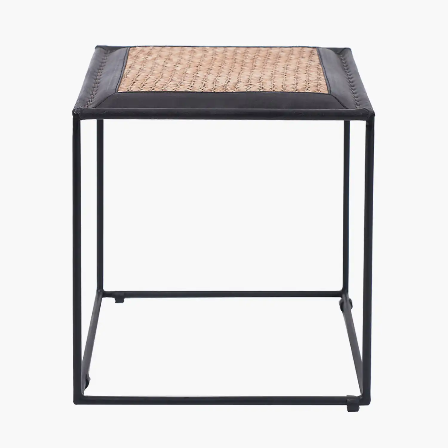 Black Leather, Woven Rattan and Iron Stool