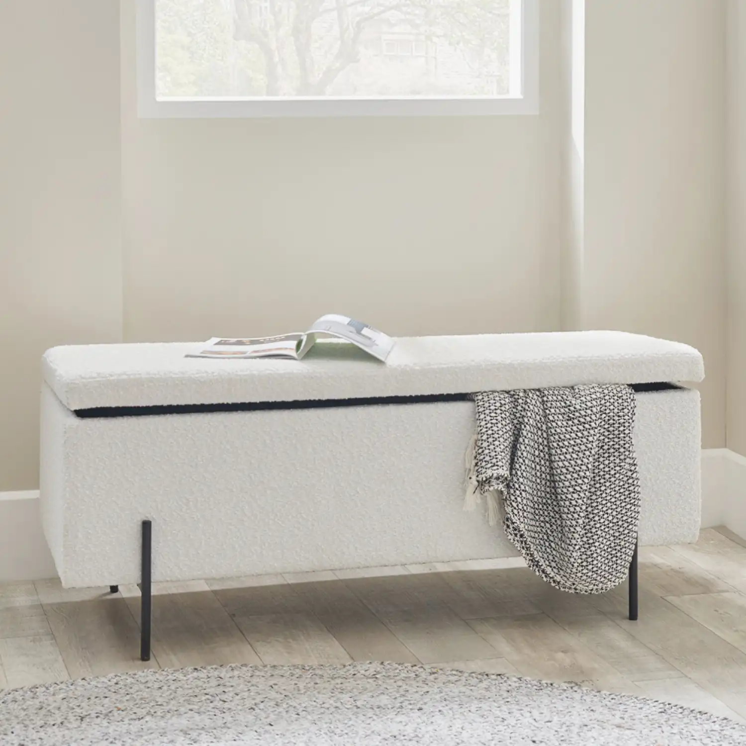 White Boucle Upholstery Storage Seating Bench Black Legs
